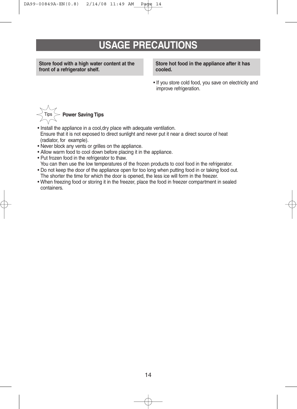 Usage precautions | Samsung DA99-00849A User Manual | Page 14 / 16