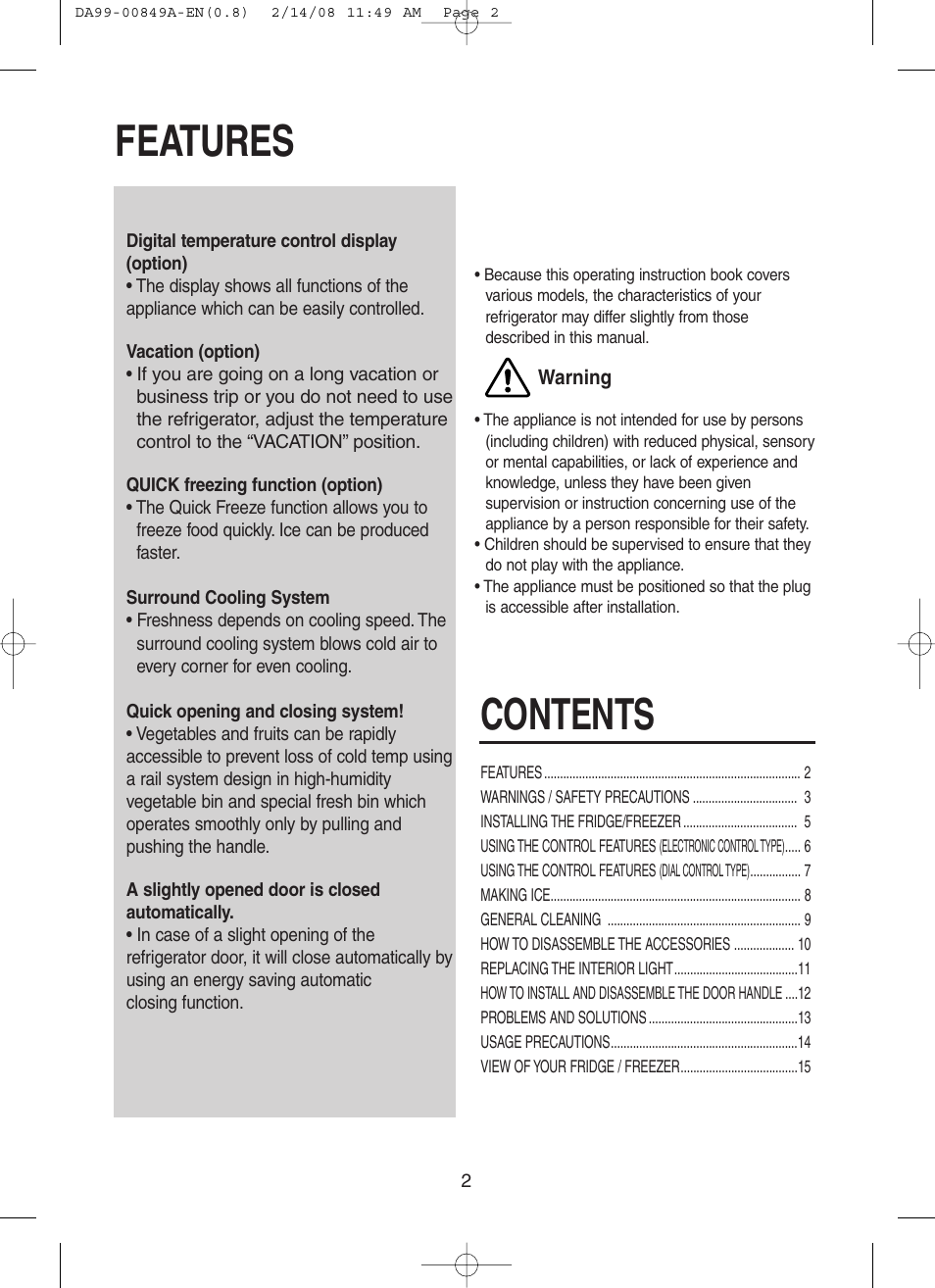 Features, Features contents | Samsung DA99-00849A User Manual | Page 2 / 16