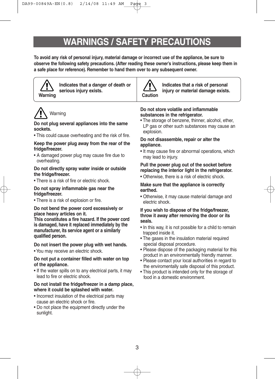 Warnings / safety precautions | Samsung DA99-00849A User Manual | Page 3 / 16