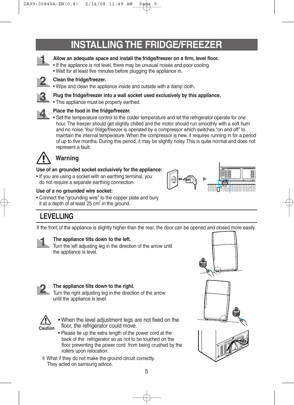 Installing the fridge/freezer, Levelling | Samsung DA99-00849A User Manual | Page 5 / 16