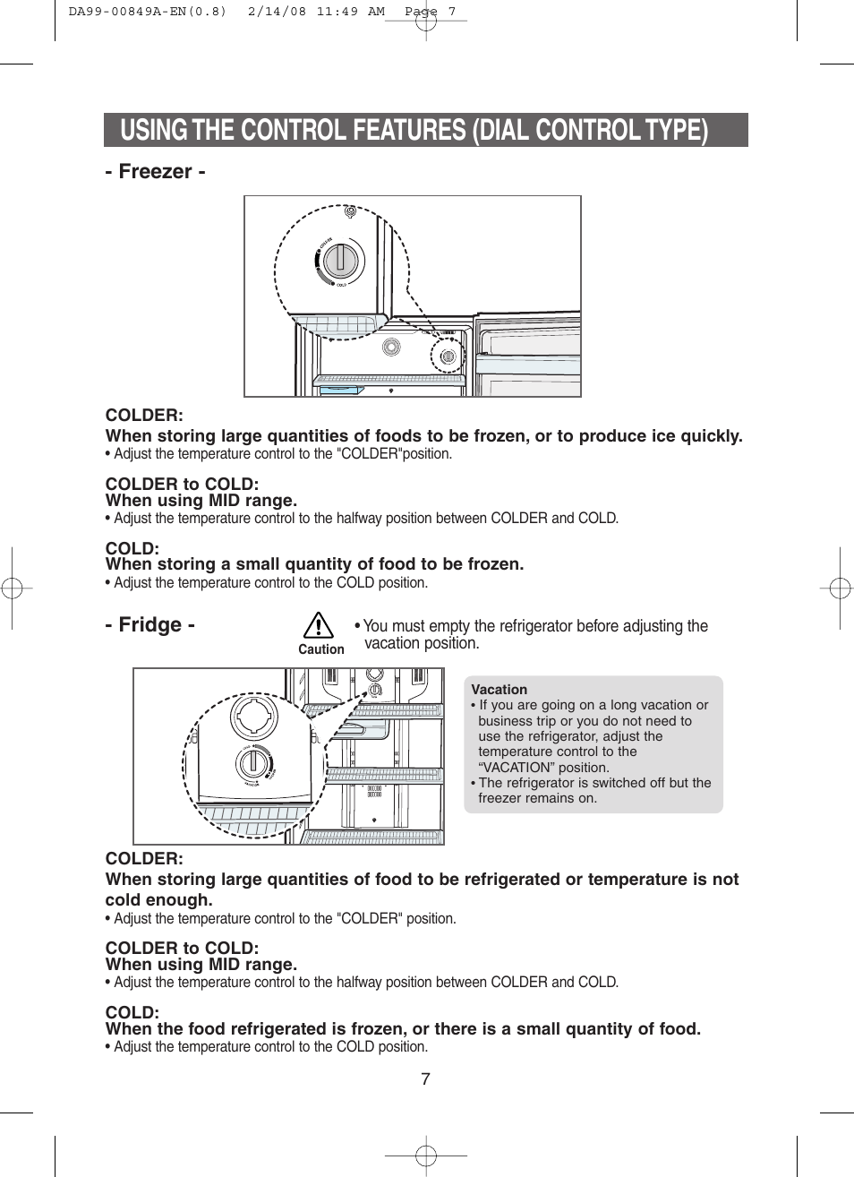 Using the control features (dial control type), Fridge - - freezer | Samsung DA99-00849A User Manual | Page 7 / 16