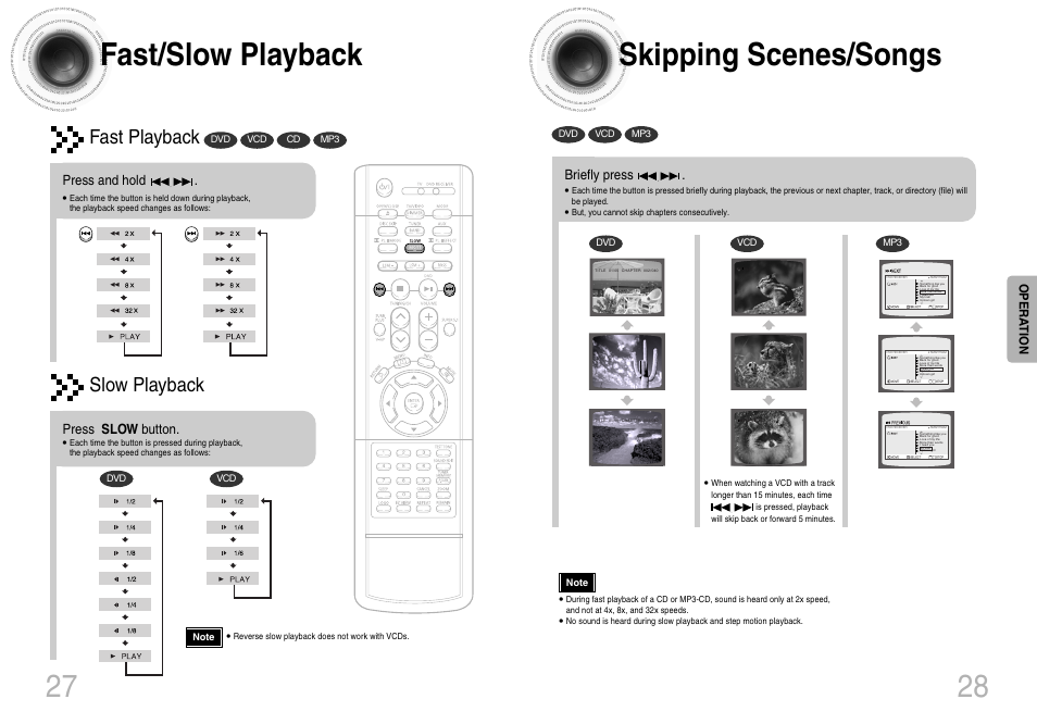 Fast/slow playback, Skipping scenes/songs, Skipping scenes/songs 28 | Fast playback, Slow playback | Samsung HT-DB660 User Manual | Page 15 / 38