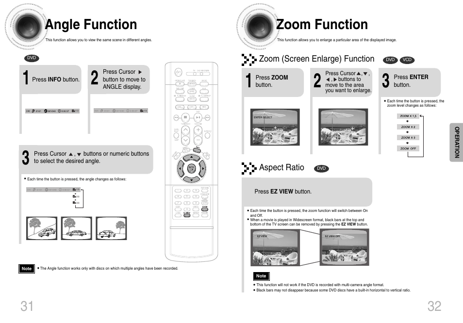 Angle function, Zoom function, 32 zoom function | 31 angle function, Zoom (screen enlarge) function, Aspect ratio | Samsung HT-DB660 User Manual | Page 17 / 38