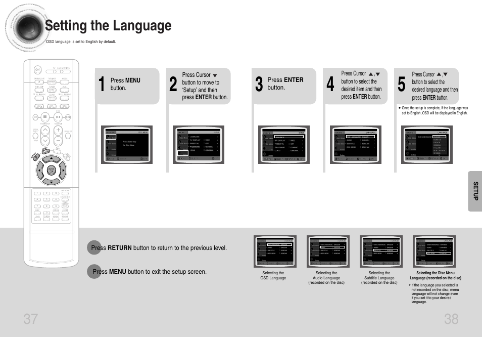 Setting the language | Samsung HT-DB660 User Manual | Page 20 / 38