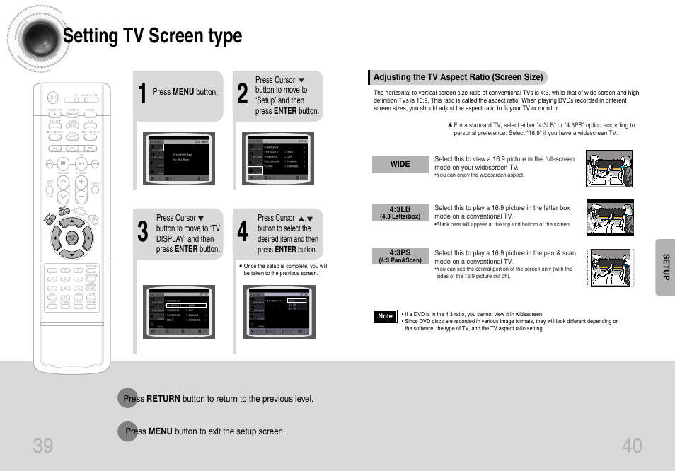 Setting tv screen type, 39 40 setting tv screen type | Samsung HT-DB660 User Manual | Page 21 / 38