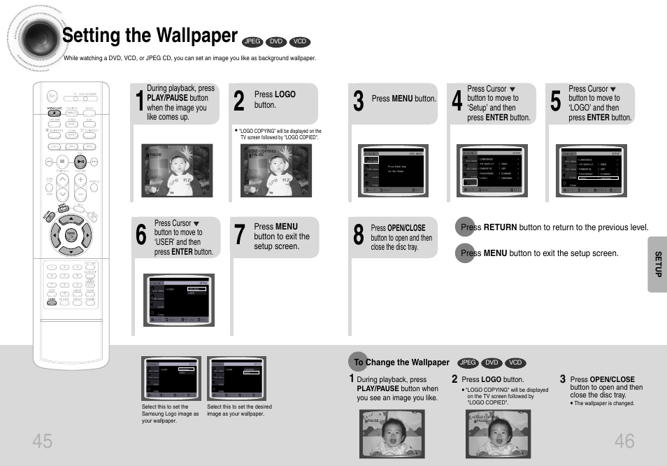 Setting the wallpaper, 45 46 setting the wallpaper | Samsung HT-DB660 User Manual | Page 24 / 38