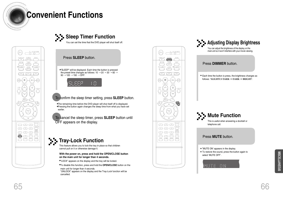 Convenient functions, 65 66 convenient functions, Sleep timer function tray-lock function | Adjusting display brightness, Mute function | Samsung HT-DB660 User Manual | Page 34 / 38