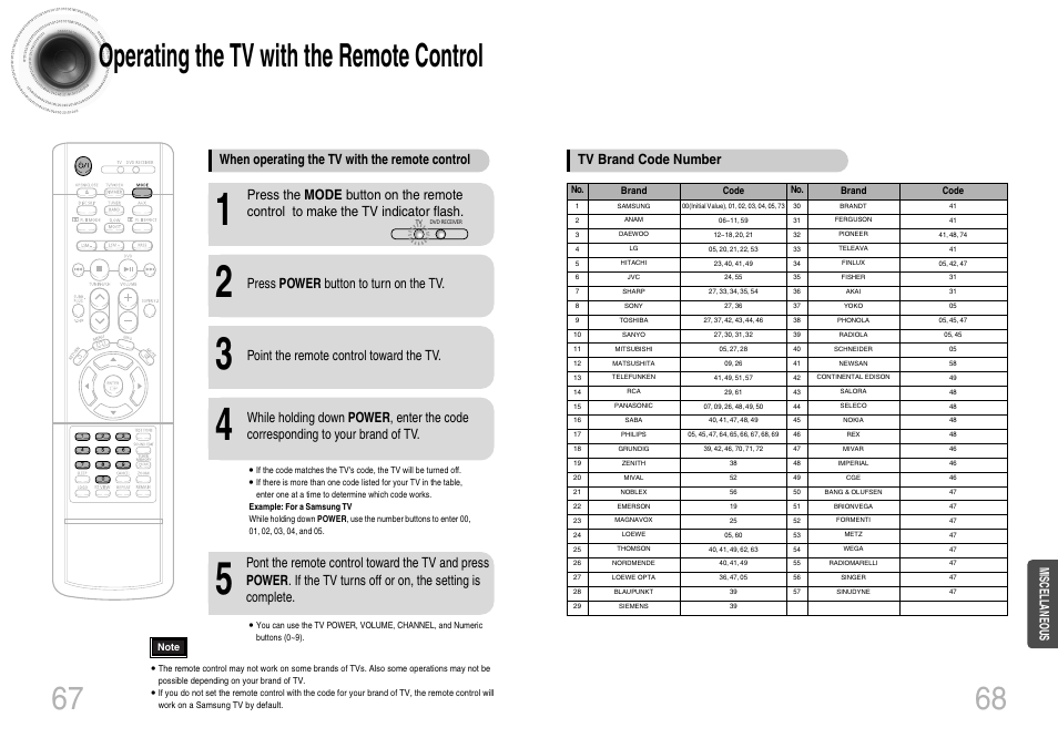 Operating the tv with the remote control, 67 68 operating the tv with the remote control, When operating the tv with the remote control | Press power button to turn on the tv, Point the remote control toward the tv, Tv brand code number, Miscellaneous | Samsung HT-DB660 User Manual | Page 35 / 38