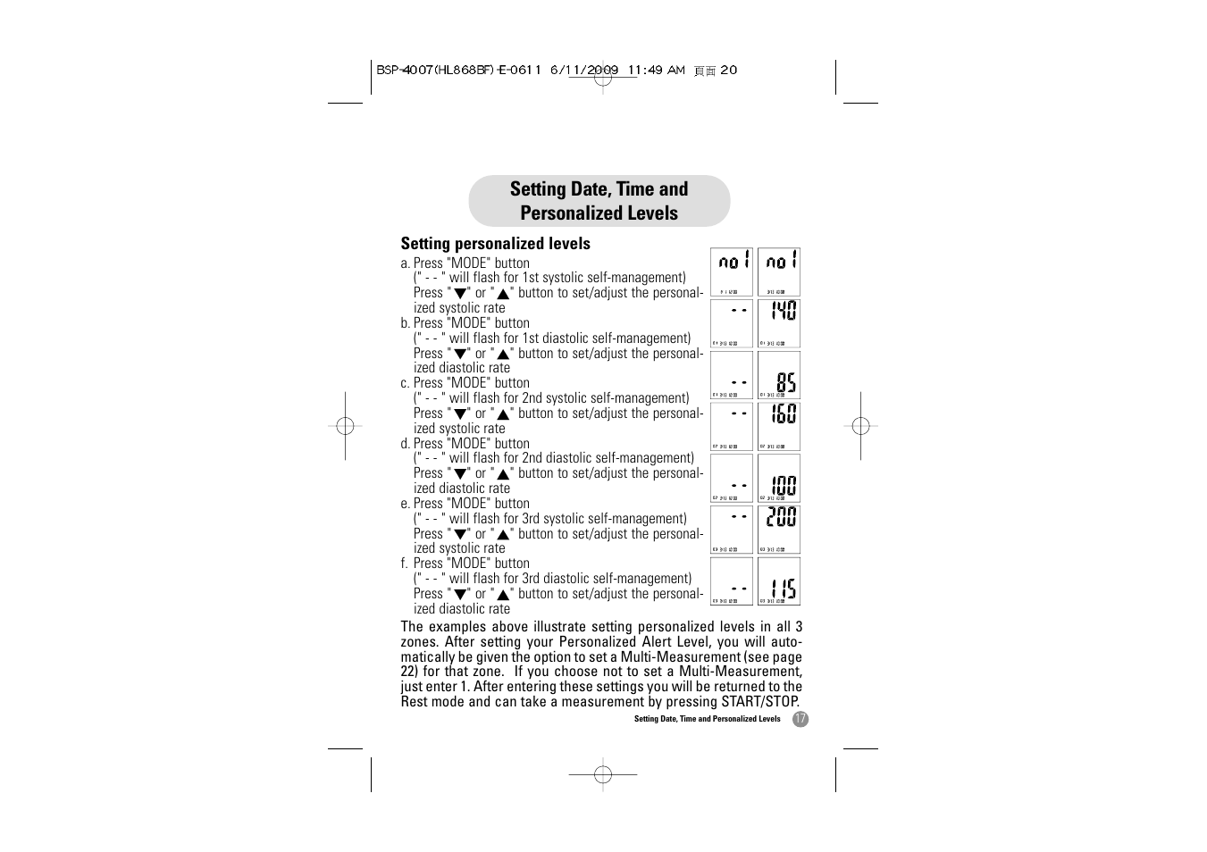 Setting date, time and personalized levels | Samsung BSP-4007 User Manual | Page 18 / 66