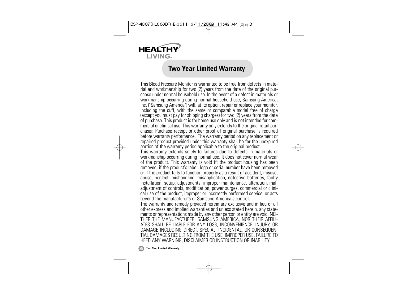 Two year limited warranty | Samsung BSP-4007 User Manual | Page 29 / 66