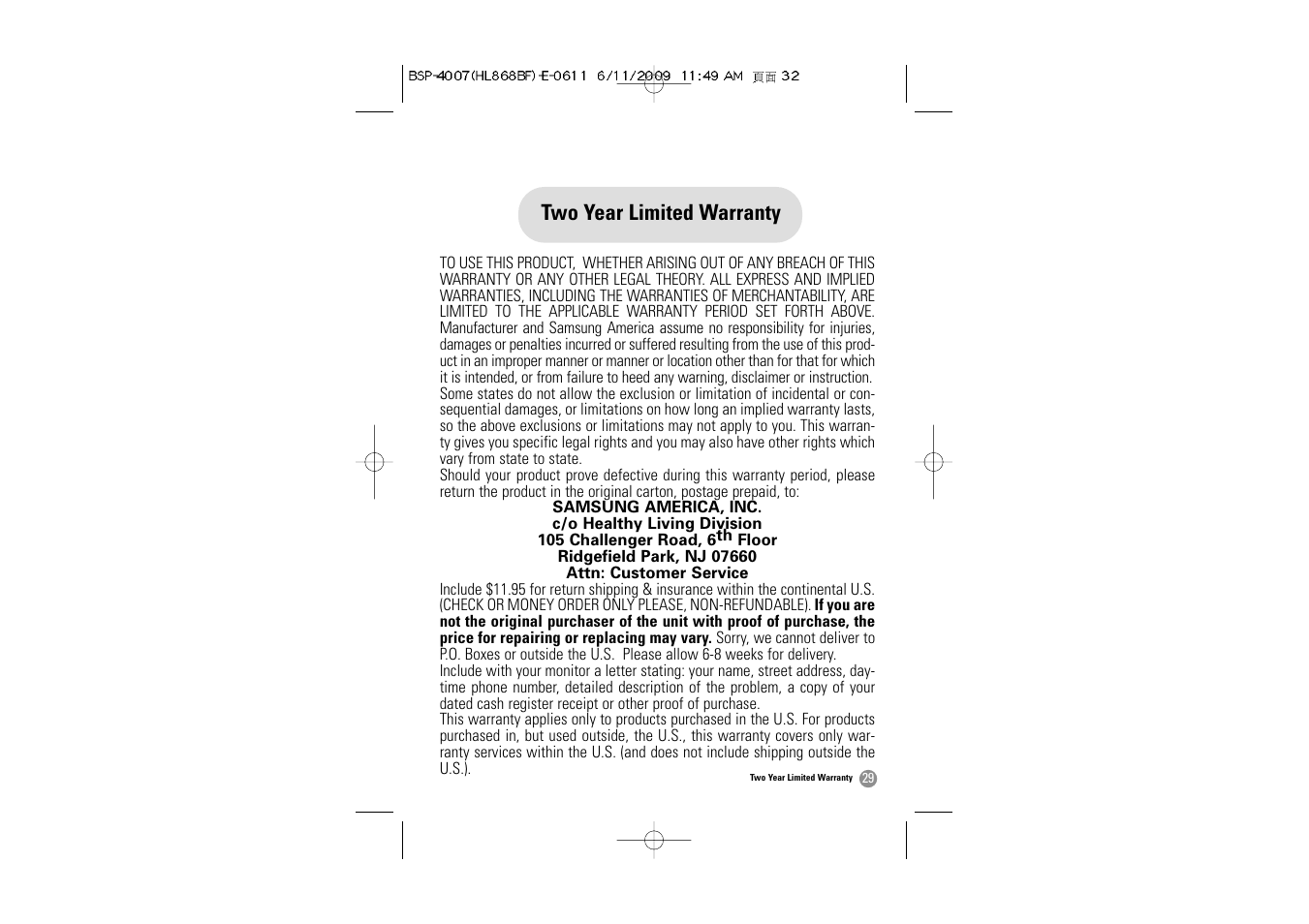 Two year limited warranty | Samsung BSP-4007 User Manual | Page 30 / 66