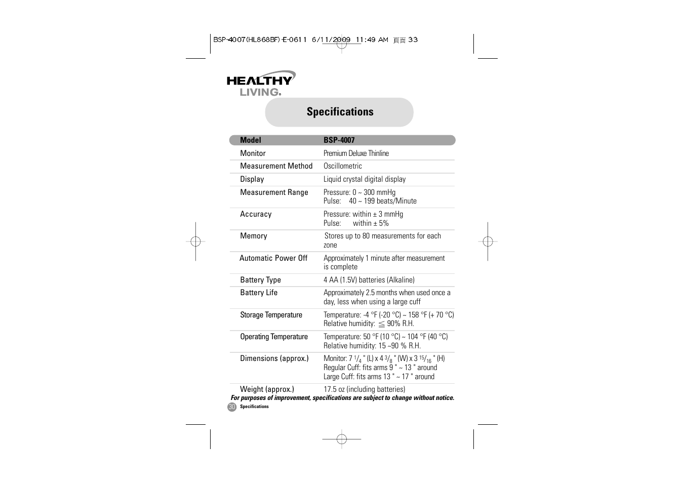 Specifications | Samsung BSP-4007 User Manual | Page 31 / 66