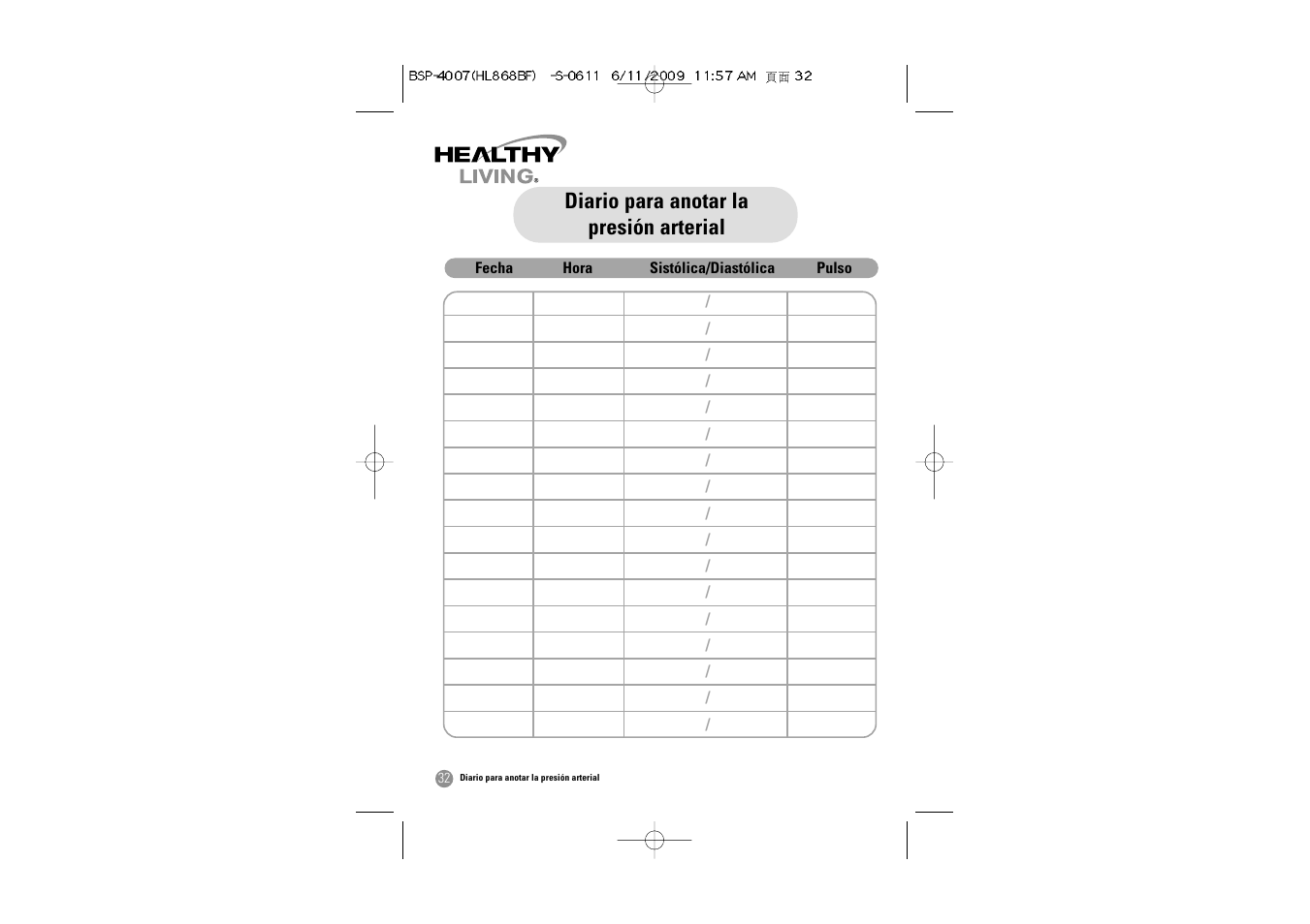 Diario para anotar la presión arterial | Samsung BSP-4007 User Manual | Page 65 / 66