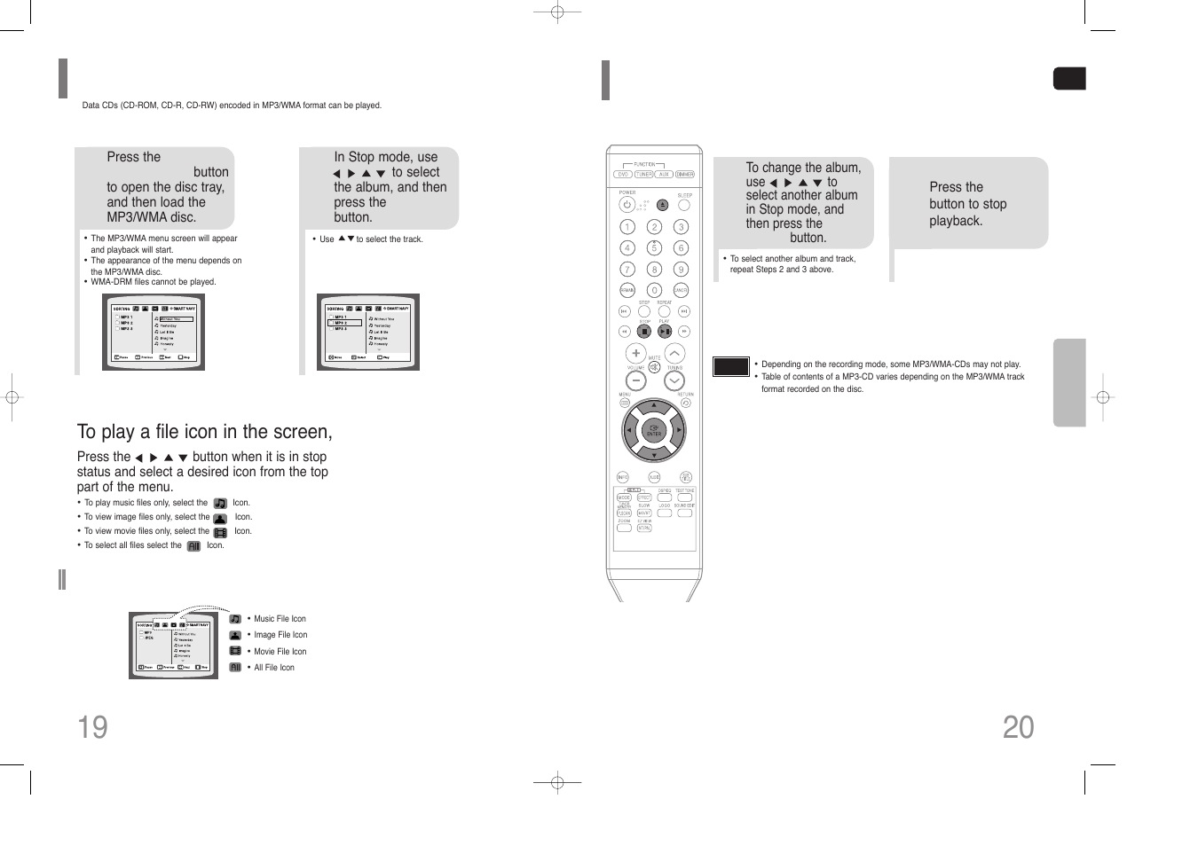 Mp3/wma-cd playback, Mp3/wma-cd playback(con’t) | Samsung HT-Z110 User Manual | Page 11 / 34