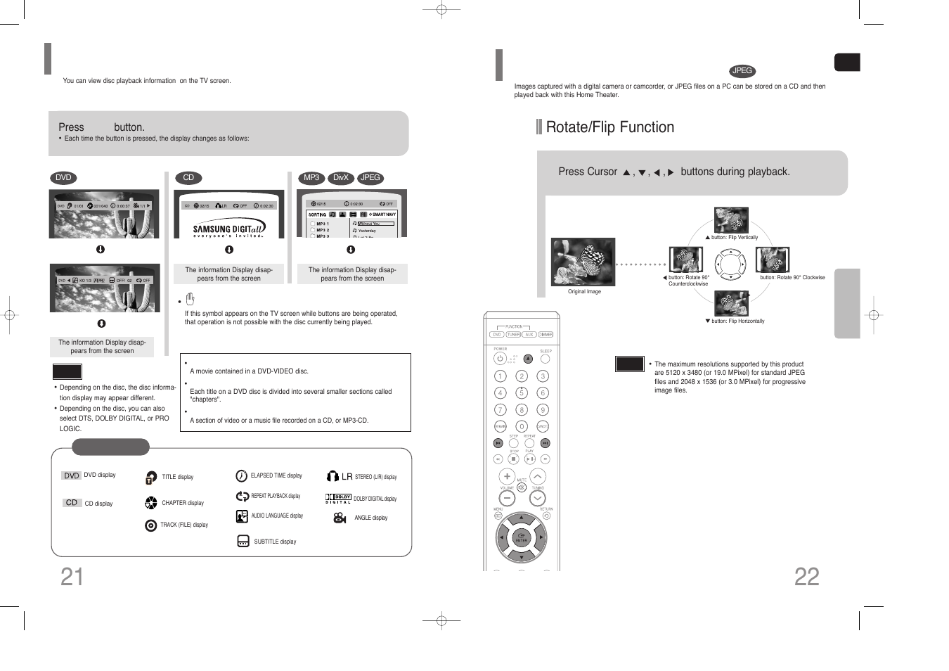 Displaying disc information, Jpeg file playback, Rotate/flip function | Samsung HT-Z110 User Manual | Page 12 / 34