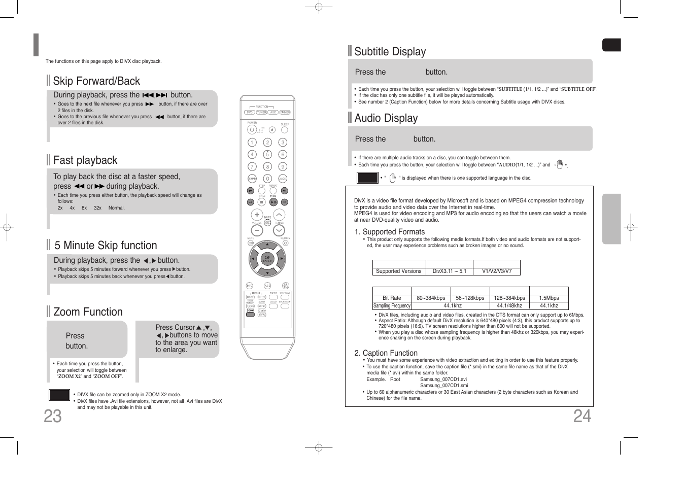 Divx playback, Subtitle display, Audio display | Fast playback skip forward/back, Zoom function, 5 minute skip function | Samsung HT-Z110 User Manual | Page 13 / 34