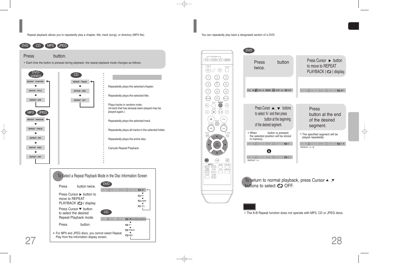 Repeat playback, A-b repeat playback, A-b repeat playback 27 | Samsung HT-Z110 User Manual | Page 15 / 34