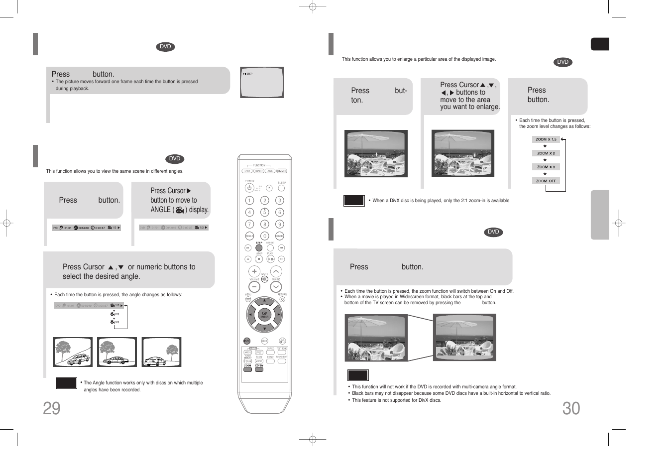 Step function, Zoom (screen enlarge) function, Ez view function | Zoom (screen enlarge) function ez view function, Angle function | Samsung HT-Z110 User Manual | Page 16 / 34