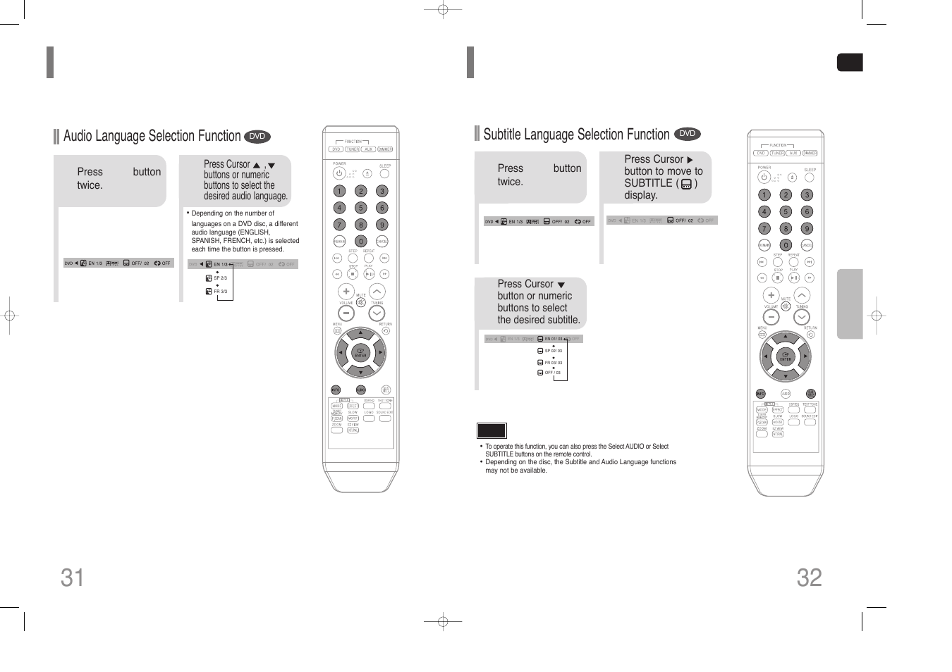 Selecting audio language, Selecting subtitle language, Selecting subtitle language 31 | Samsung HT-Z110 User Manual | Page 17 / 34