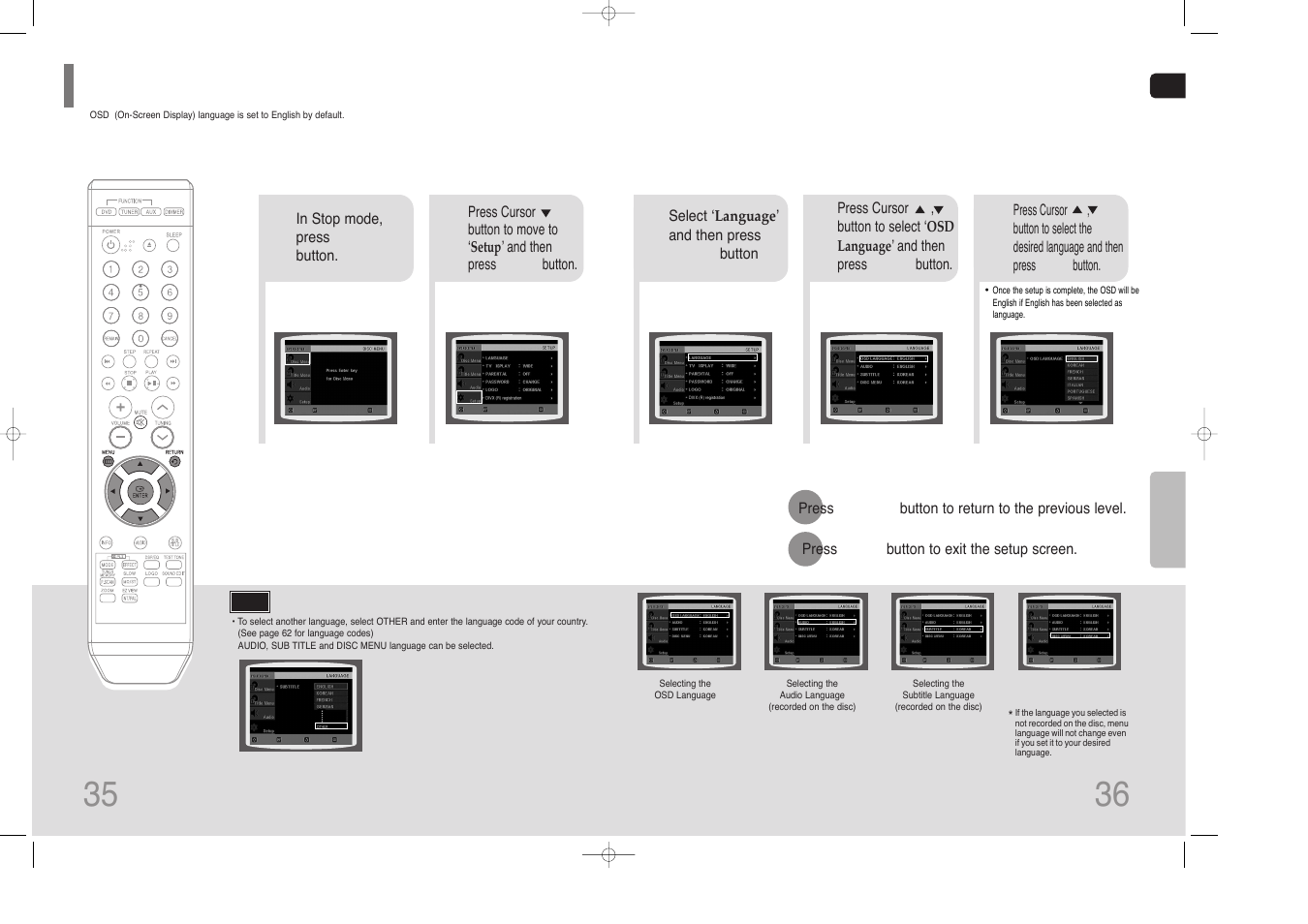 Setting the language, Setting the language 35 | Samsung HT-Z110 User Manual | Page 19 / 34