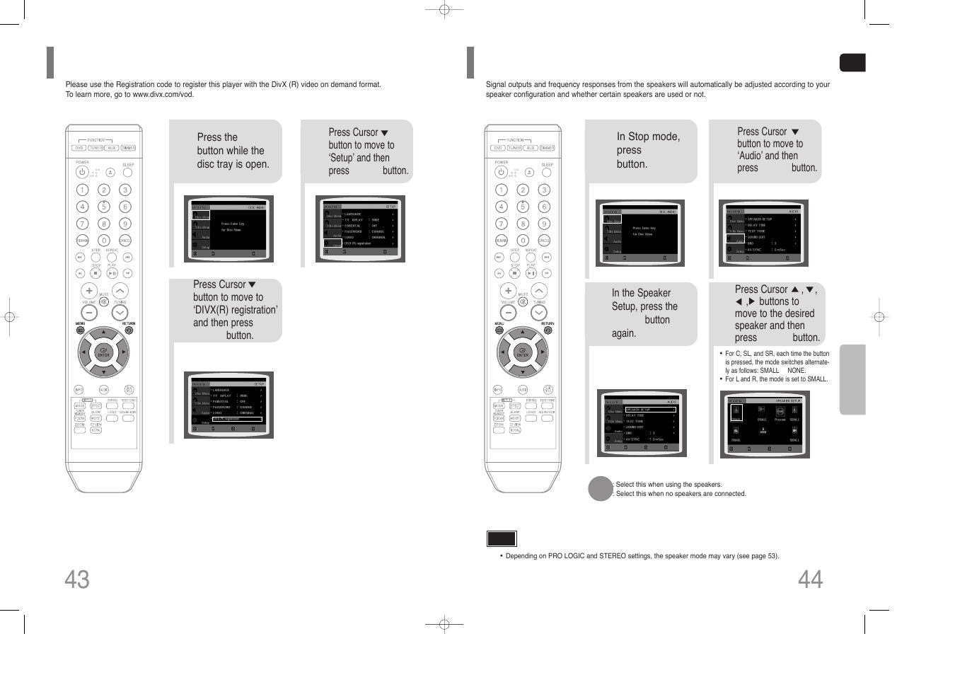 Divx (r) registration, Setting the speaker mode | Samsung HT-Z110 User Manual | Page 23 / 34