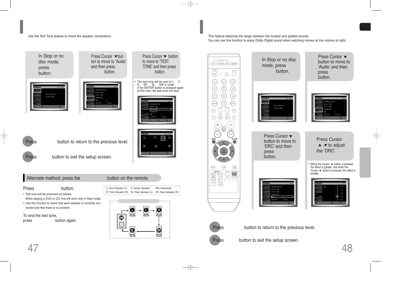 Setting the test tone, Setting the drc (dynamic range compression), Setting the drc | Dynamic range compression) | Samsung HT-Z110 User Manual | Page 25 / 34