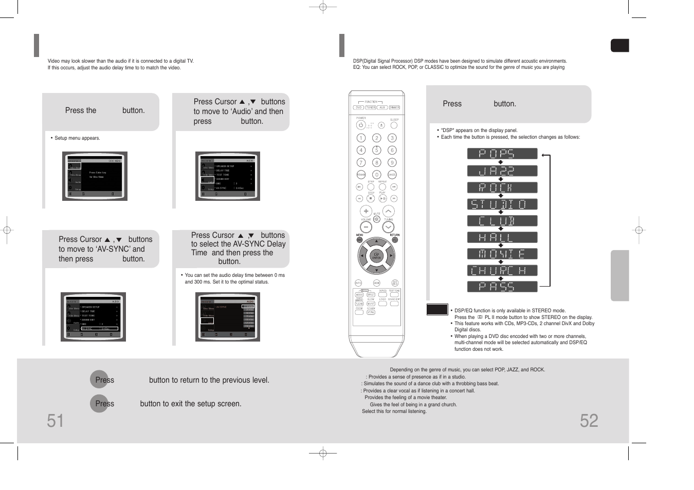 Av sync setup, Sound field (dsp)/eq function, Av sync setup 51 | Samsung HT-Z110 User Manual | Page 27 / 34