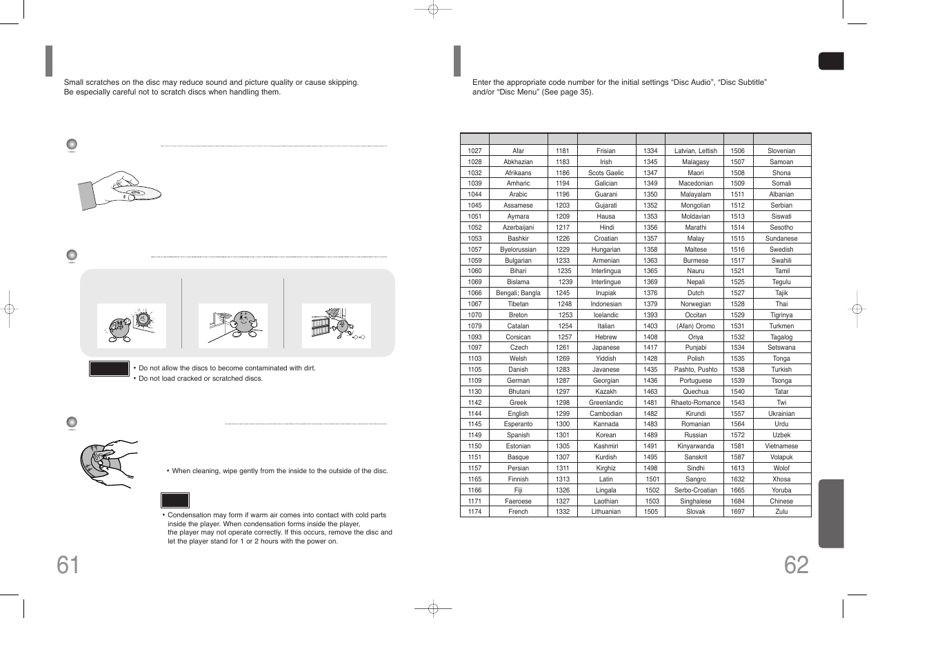 Cautions on handling and storing discs, Language code list | Samsung HT-Z110 User Manual | Page 32 / 34