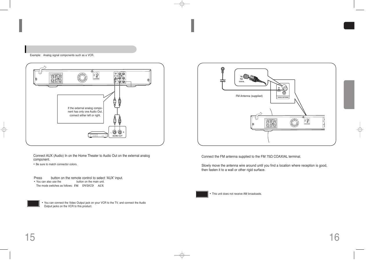 Connecting external components, Connecting the fm antenna | Samsung HT-Z110 User Manual | Page 9 / 34