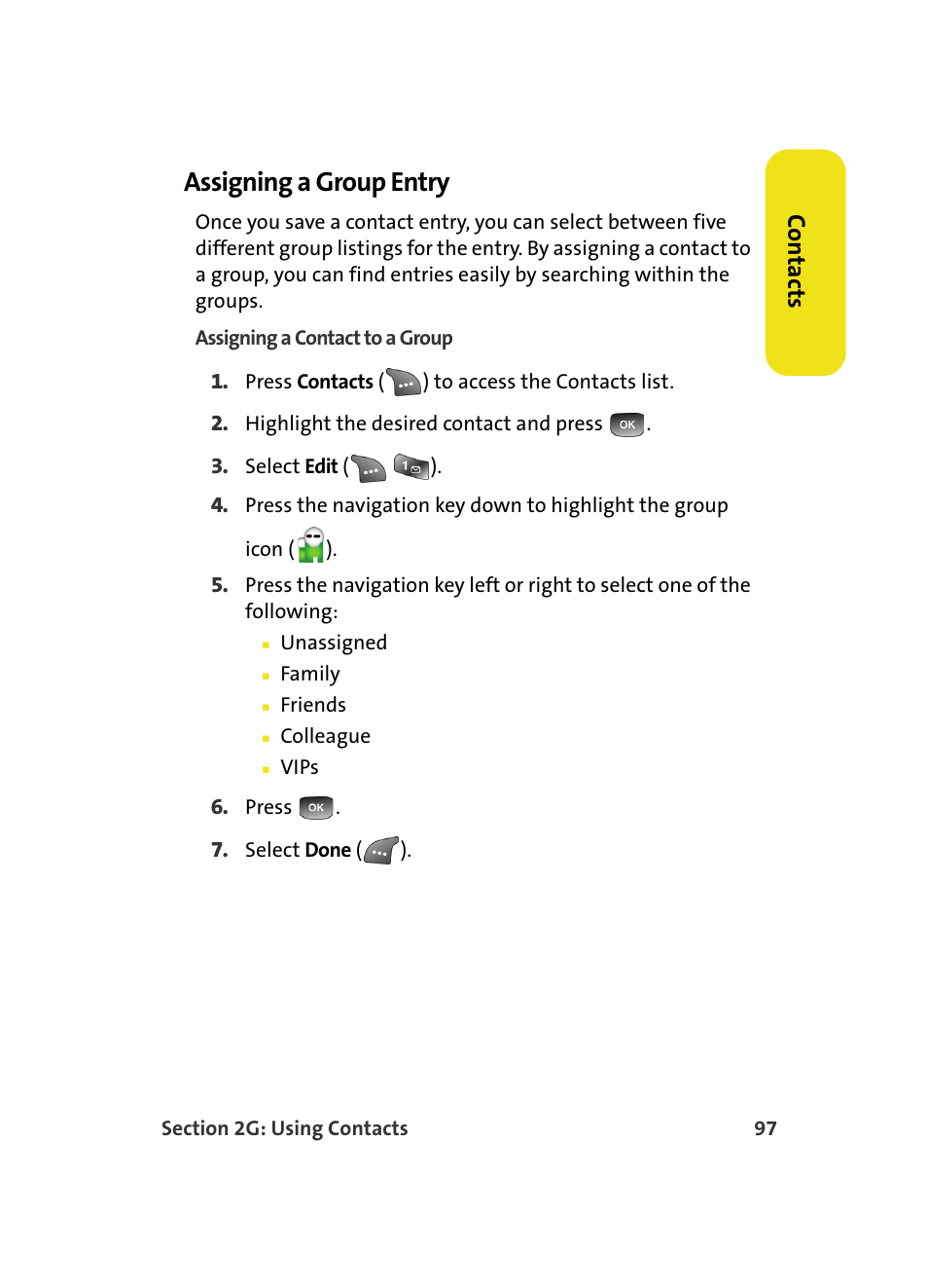 Assigning a group entry, Co n ta ct s | Samsung A560 User Manual | Page 105 / 179