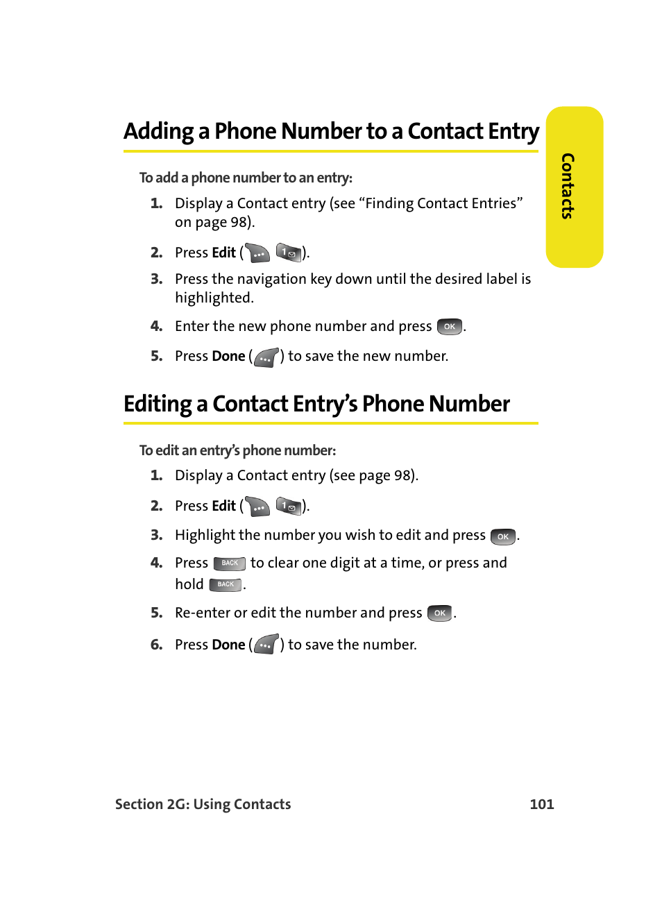 Adding a phone number to a contact entry, Editing a contact entry’s phone number | Samsung A560 User Manual | Page 109 / 179