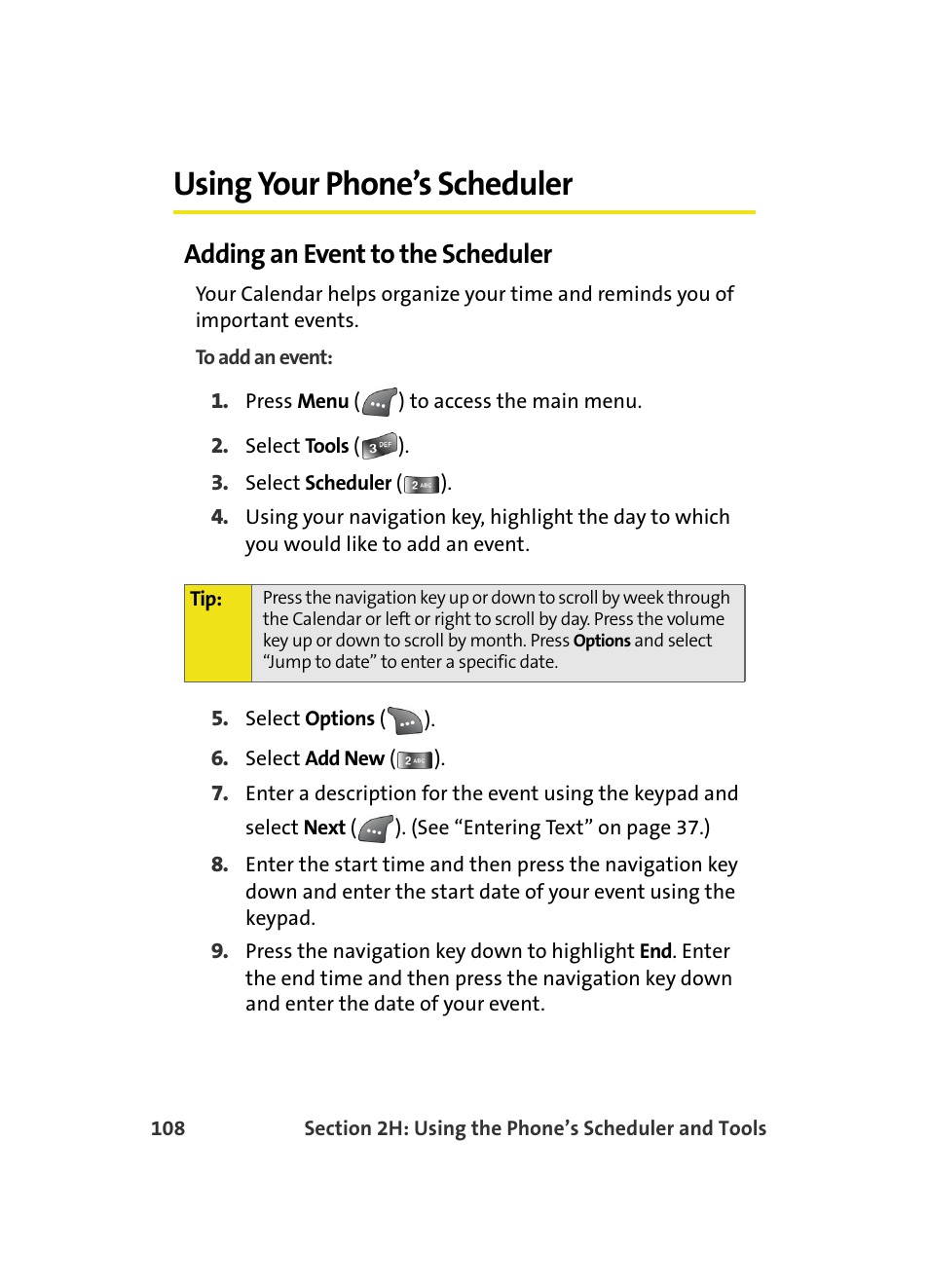 Using your phone’s scheduler, Adding an event to the scheduler | Samsung A560 User Manual | Page 116 / 179