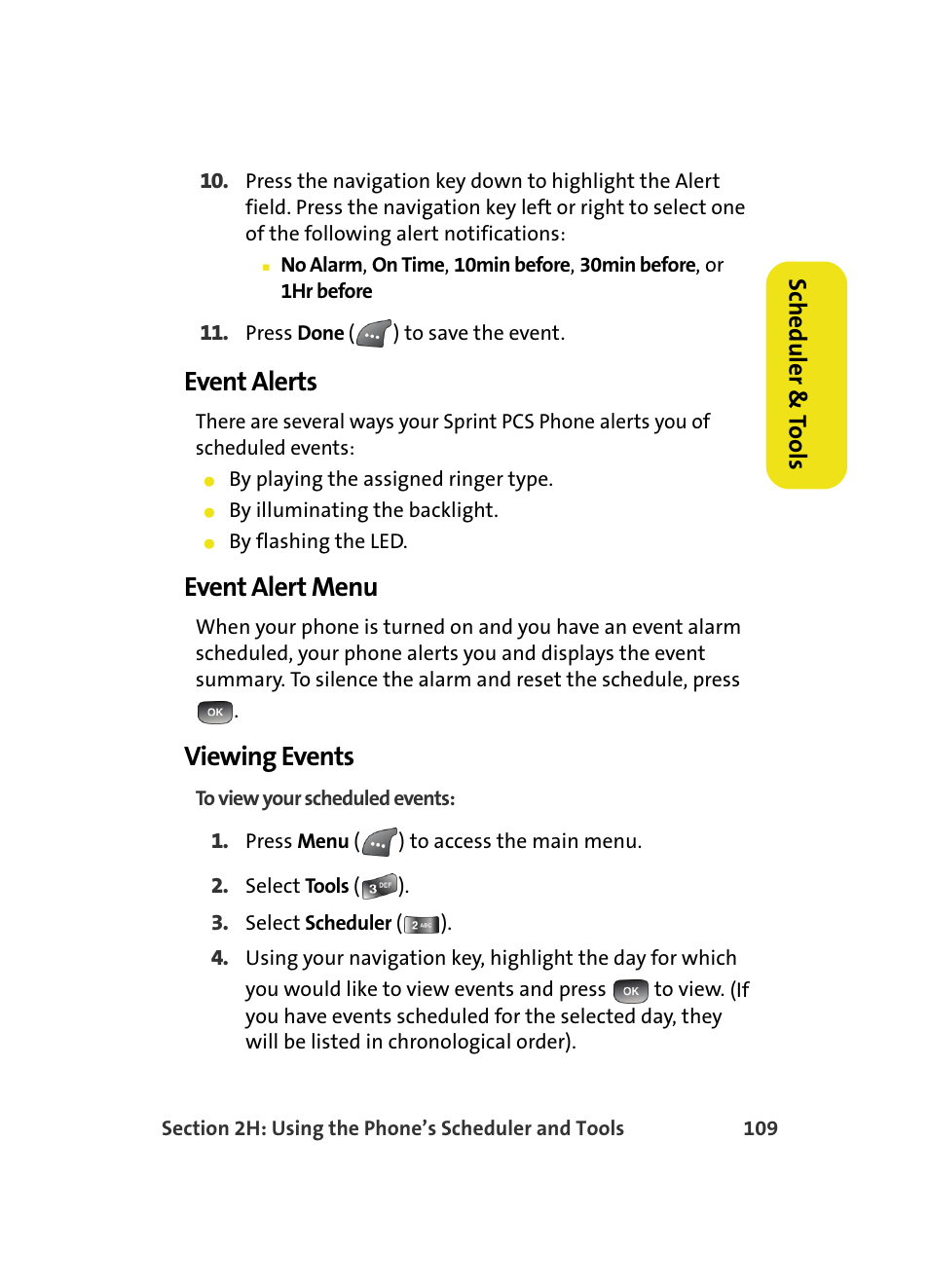 Event alerts, Event alert menu, Viewing events | Scheduler & t o ols | Samsung A560 User Manual | Page 117 / 179