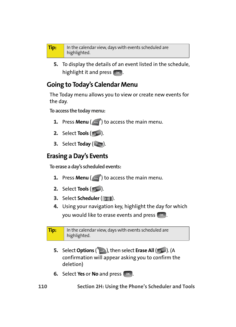 Going to today’s calendar menu, Erasing a day’s events | Samsung A560 User Manual | Page 118 / 179