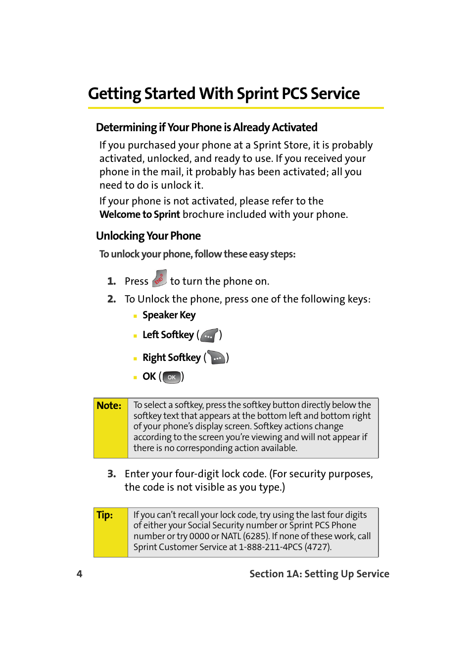 Getting started with sprint pcs service, Determining if your phone is already activated, Unlocking your phone | Samsung A560 User Manual | Page 12 / 179