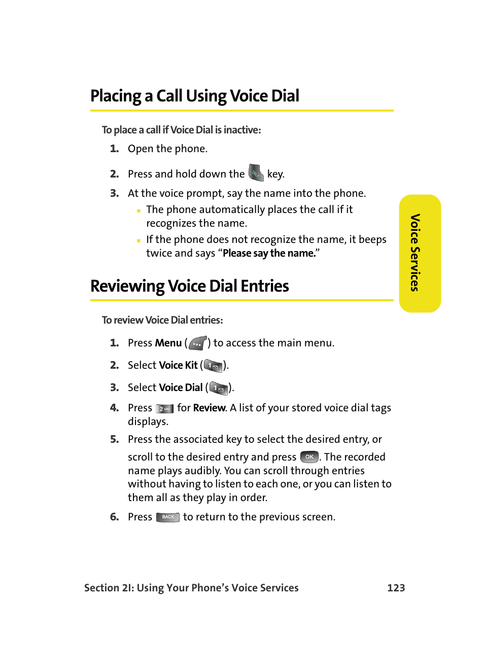 Placing a call using voice dial, Reviewing voice dial entries | Samsung A560 User Manual | Page 131 / 179