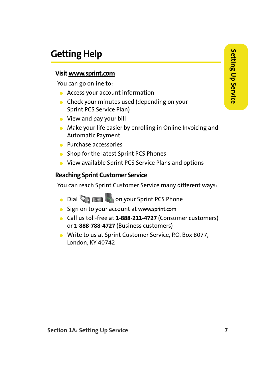 Getting help, Setting up ser v ic e, Reaching sprint customer service | Samsung A560 User Manual | Page 15 / 179