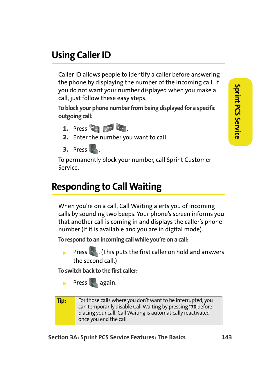 Using caller id, Responding to call waiting, Sprin t pcs ser vice | Samsung A560 User Manual | Page 151 / 179