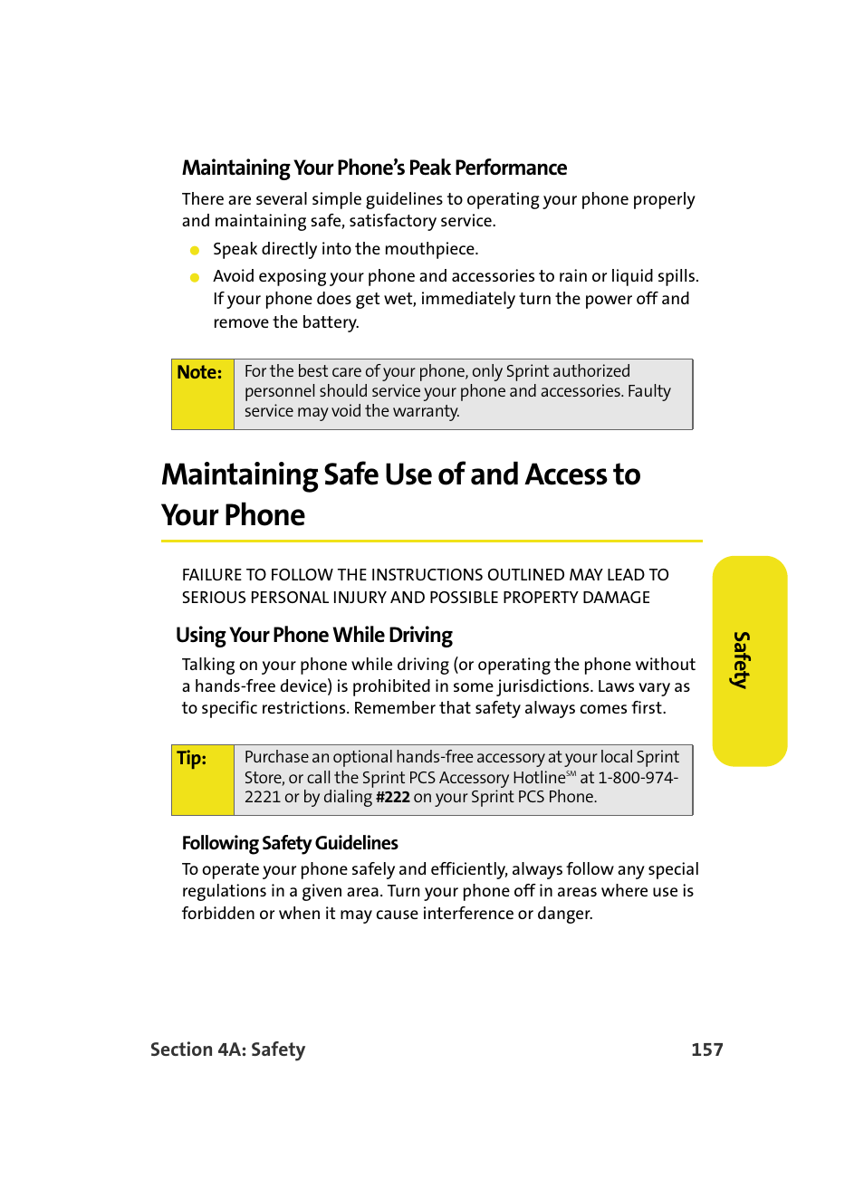 Maintaining safe use of and access to your phone, Saf e ty maintaining your phone’s peak performance, Using your phone while driving | Samsung A560 User Manual | Page 165 / 179