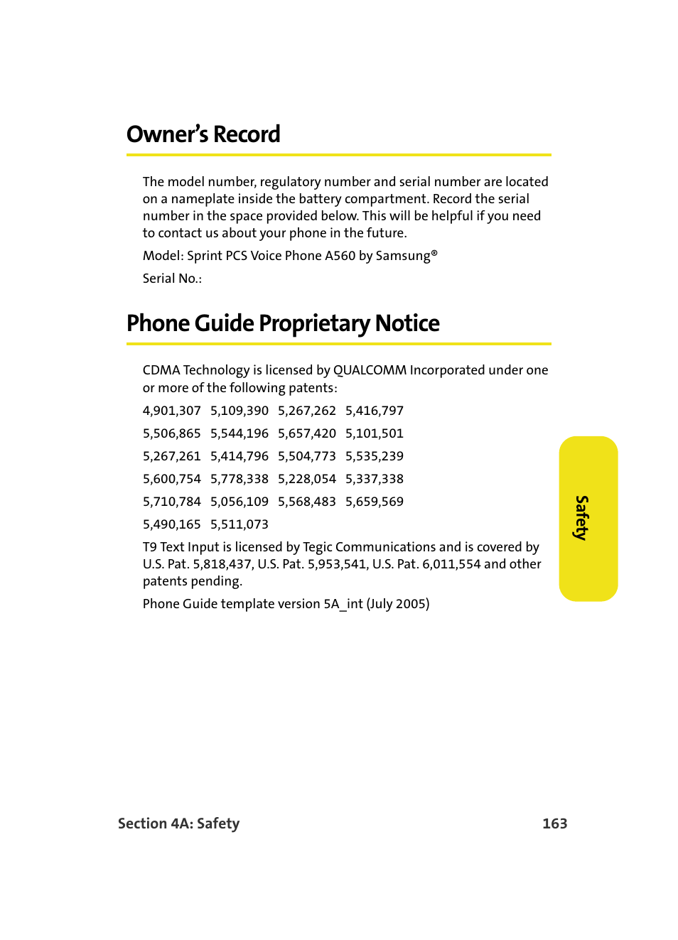 Owner’s record, Phone guide proprietary notice | Samsung A560 User Manual | Page 171 / 179
