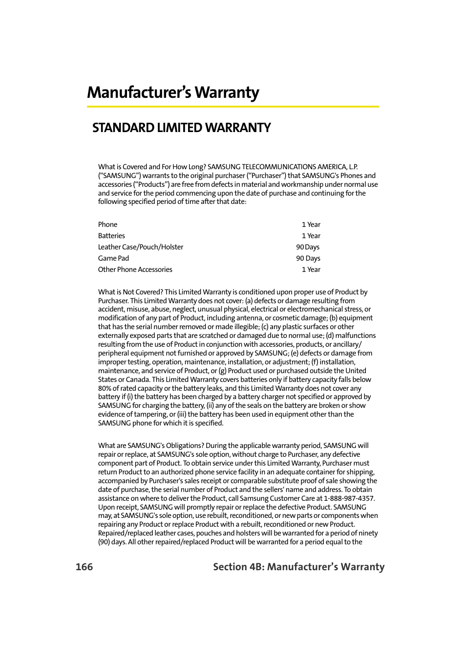 Manufacturer’s warranty, Standard limited warranty | Samsung A560 User Manual | Page 174 / 179