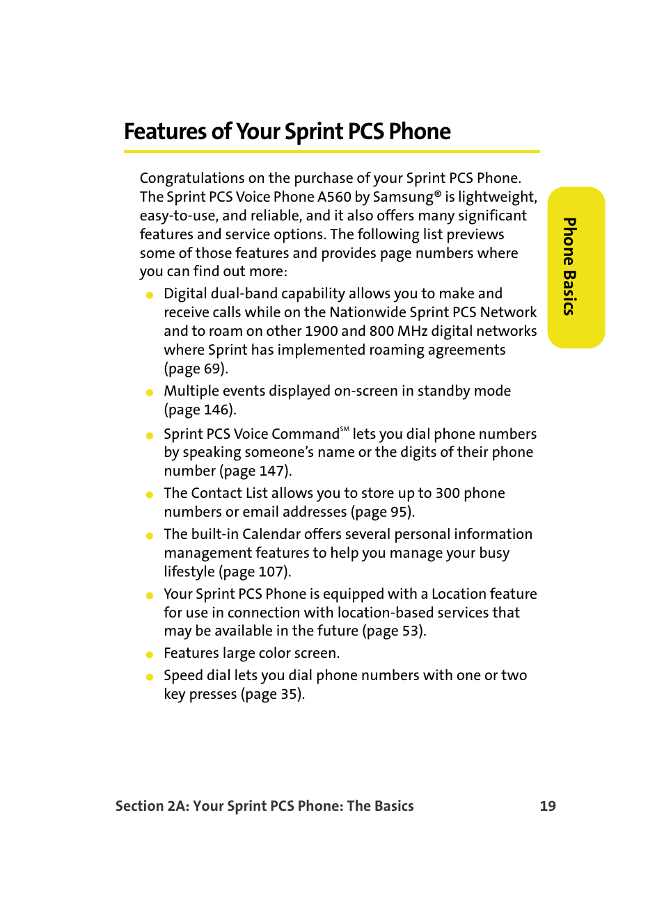 Features of your sprint pcs phone, Phone basics | Samsung A560 User Manual | Page 27 / 179