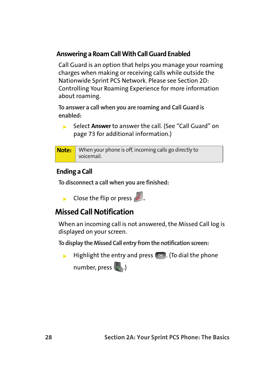 Missed call notification, Answering a roam call with call guard enabled, Ending a call | Samsung A560 User Manual | Page 36 / 179
