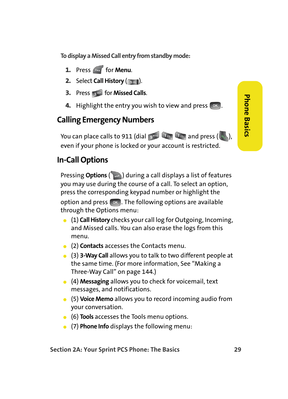 Calling emergency numbers, In-call options, Phone basics | Samsung A560 User Manual | Page 37 / 179