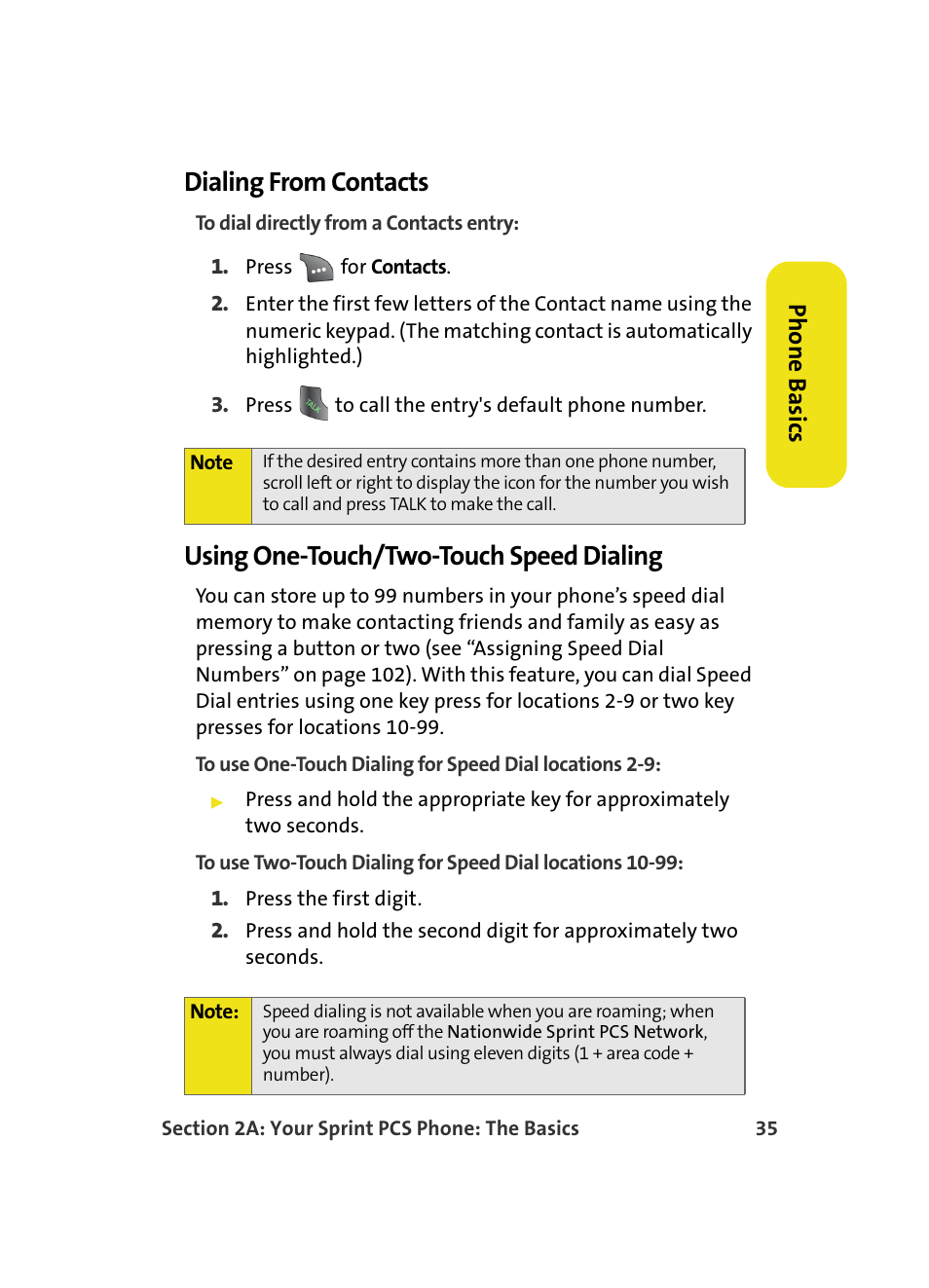 Dialing from contacts, Using one-touch/two-touch speed dialing, Phone basics | Samsung A560 User Manual | Page 43 / 179