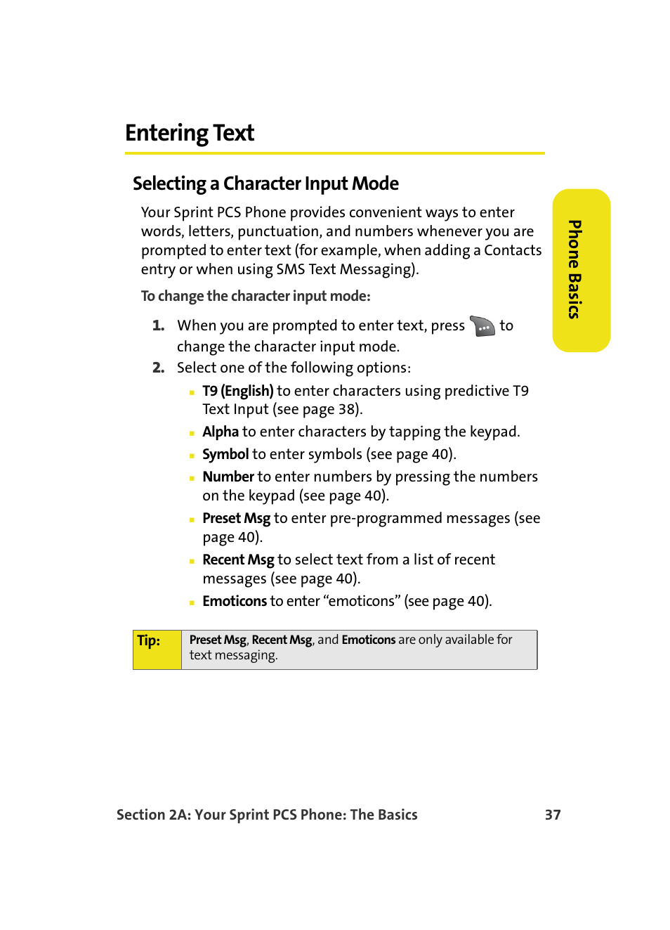 Entering text, Selecting a character input mode, Phone basics | Samsung A560 User Manual | Page 45 / 179