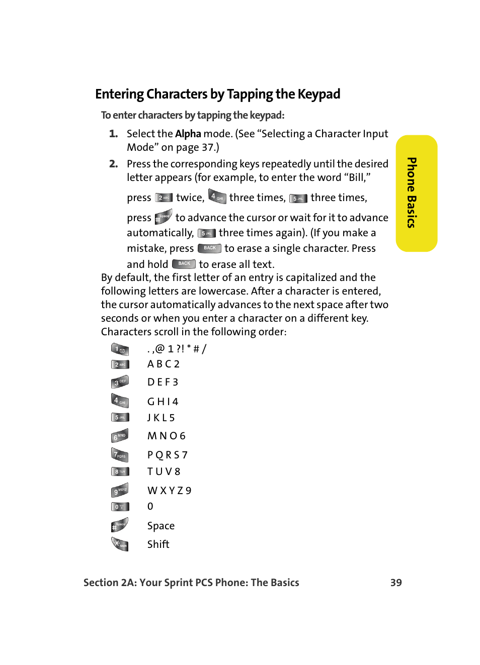 Entering characters by tapping the keypad, Phone basics | Samsung A560 User Manual | Page 47 / 179