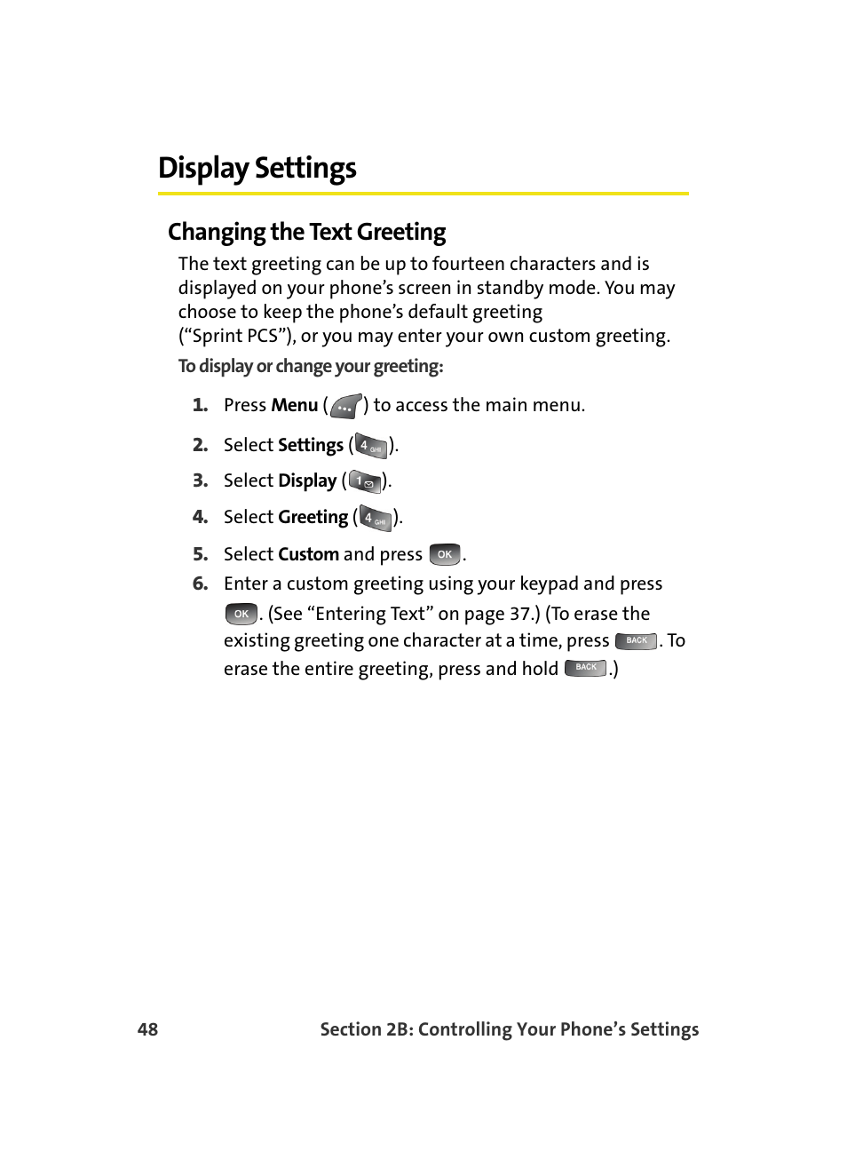 Display settings, Changing the text greeting | Samsung A560 User Manual | Page 56 / 179