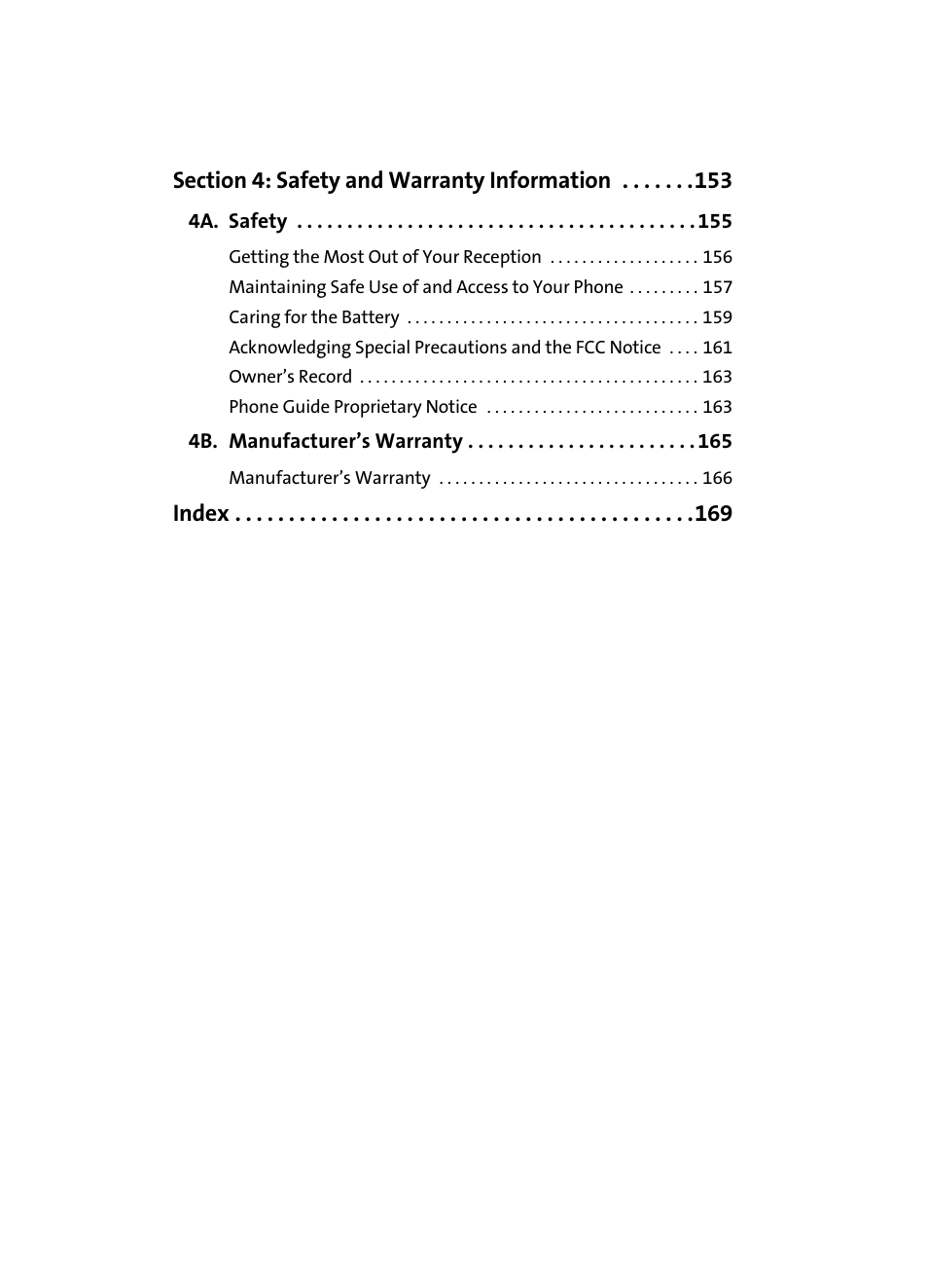 Section 4: safety and warranty information 153, 4a. safety 155, 4b. manufacturer’s warranty 165 | Index | Samsung A560 User Manual | Page 6 / 179