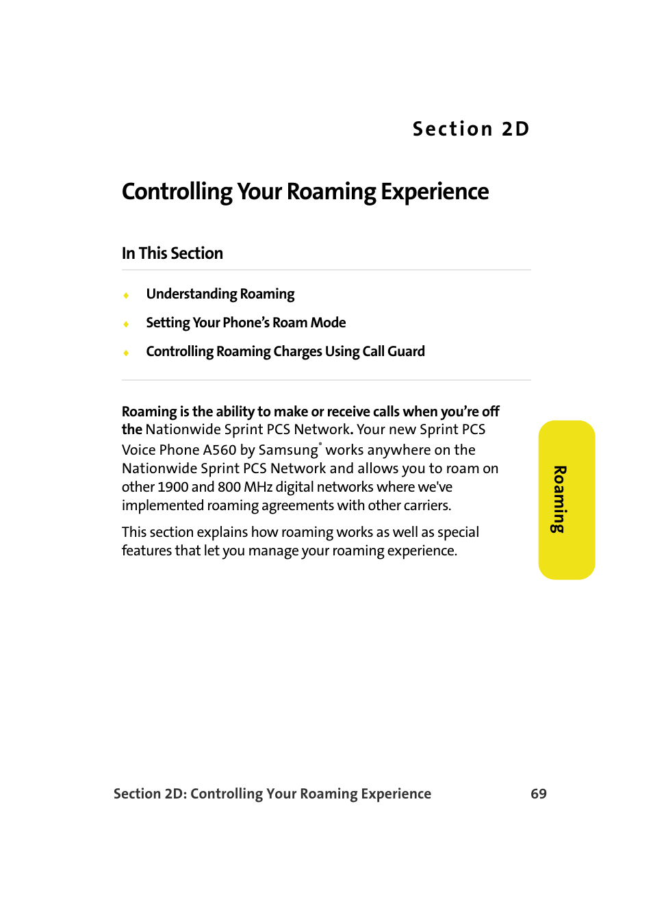 Controlling your roaming experience, 2d. controlling your roaming experience, Ro a m in g | Samsung A560 User Manual | Page 77 / 179